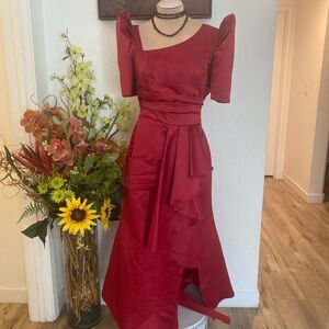 Elegant Filipiniana Red Satin Evening Dress with Asymmetric Neckline Fits S to L